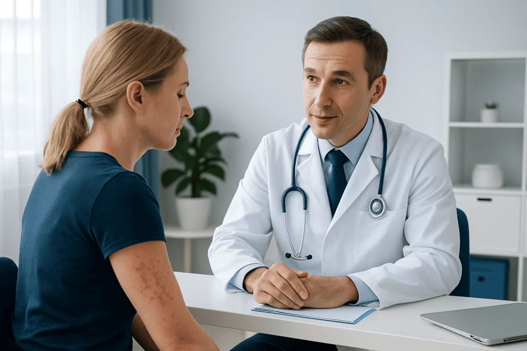 Doctor consulting with a patient with skin allergy in a modern clinic.