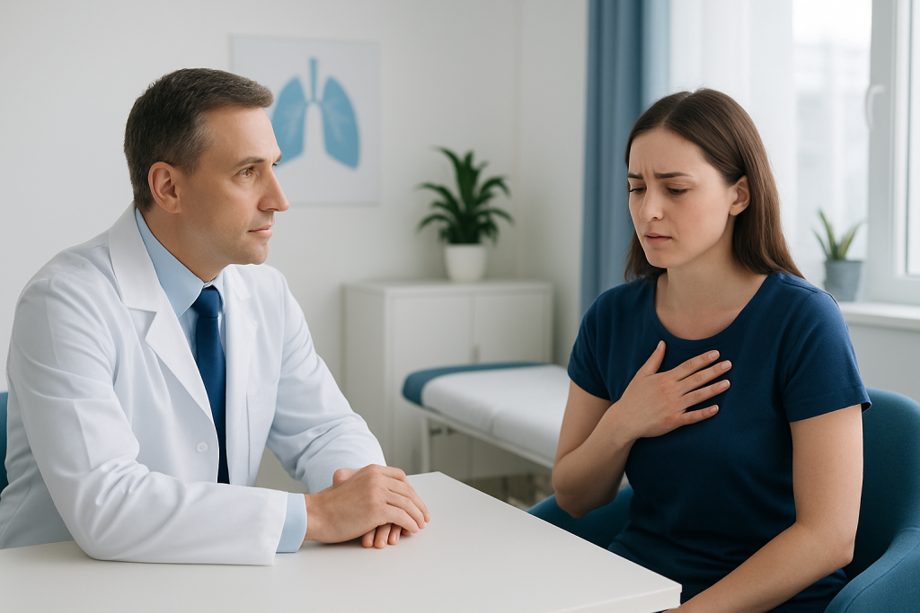 Doctor consulting with a patient about respiratory health in a clinic setting.