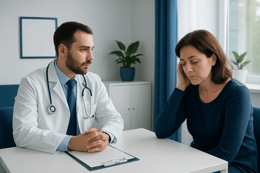 Doctor consulting with a woman patient in a medical office.