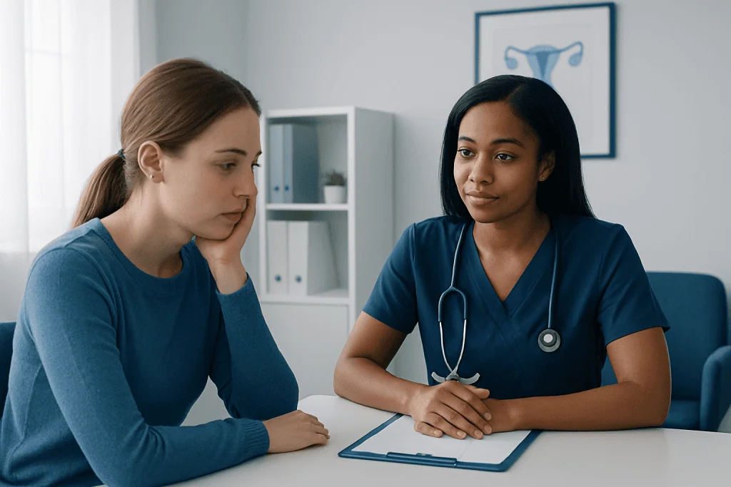 Doctor consulting with a patient about health concerns in a medical office.