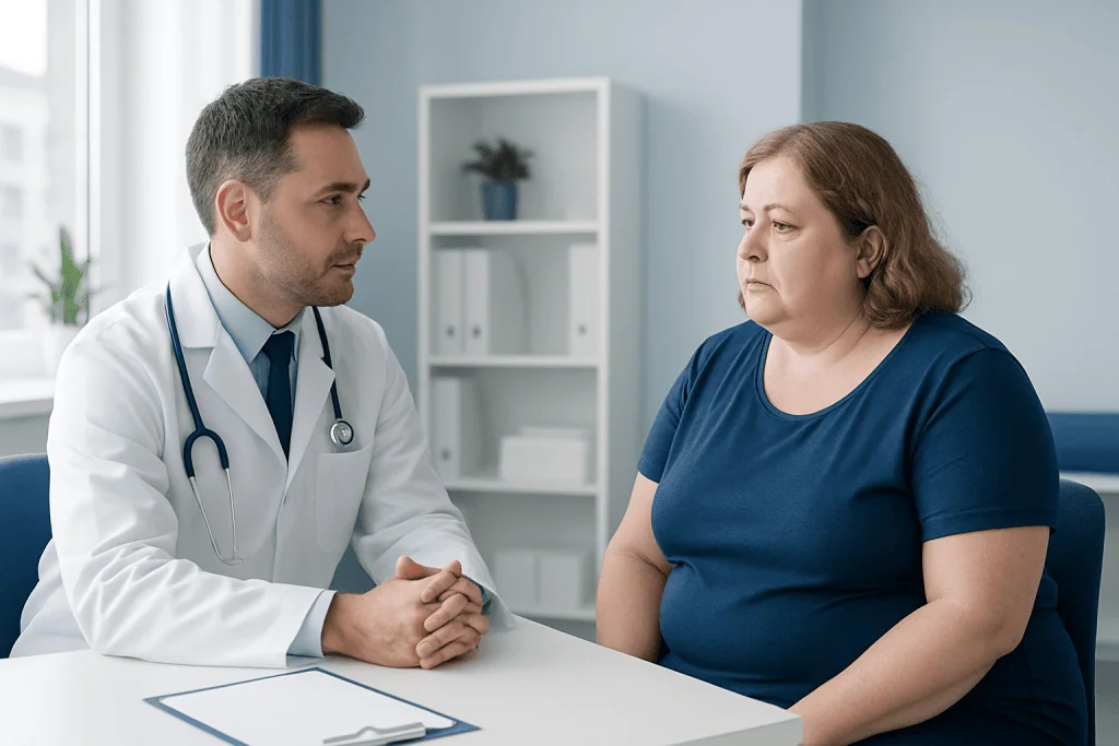 Doctor consulting with a woman patient in a medical office.