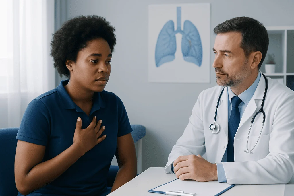 Doctor consulting with a patient about lung health in a medical office.