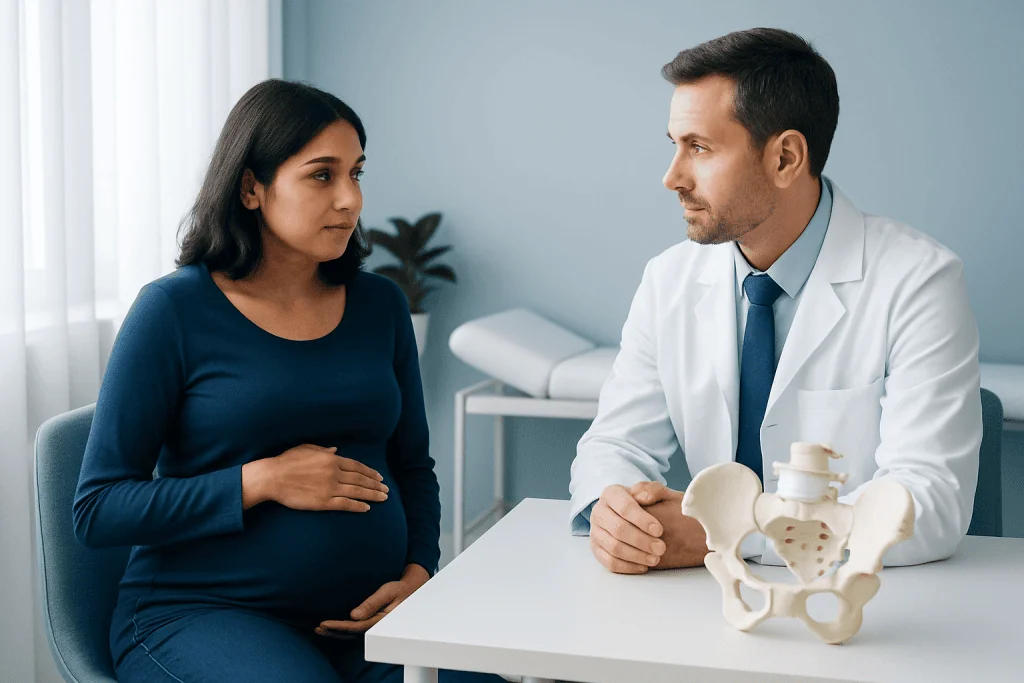 Doctor explaining pelvic anatomy to pregnant woman in consultation room.
