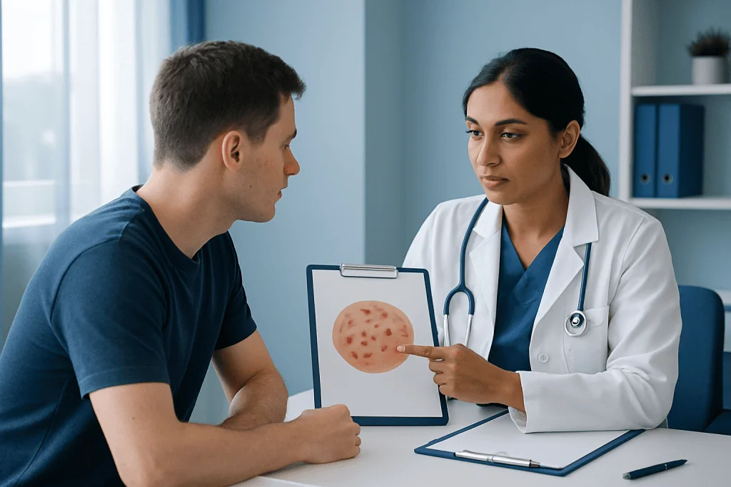 Doctor explaining fungal skin infection to patient with microscope image.