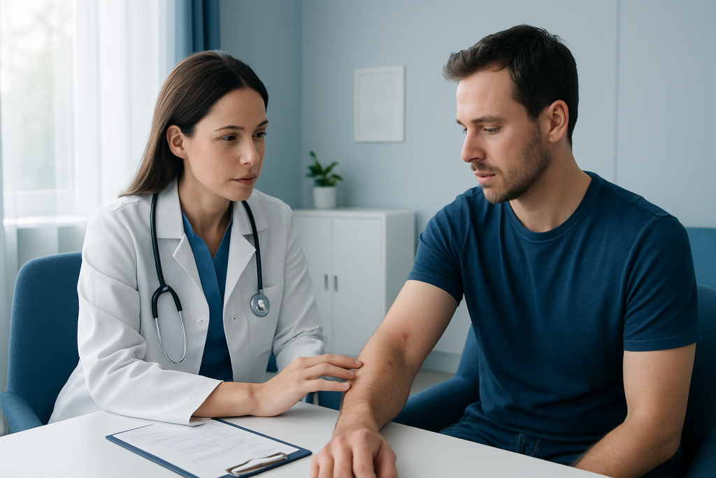 Doctor examining a patient's arm for mosquito bite allergy symptoms.