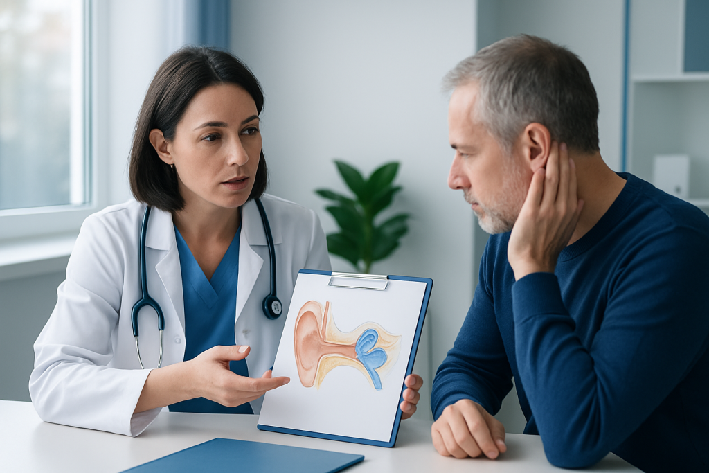 Doctor explaining ear anatomy to patient during consultation.