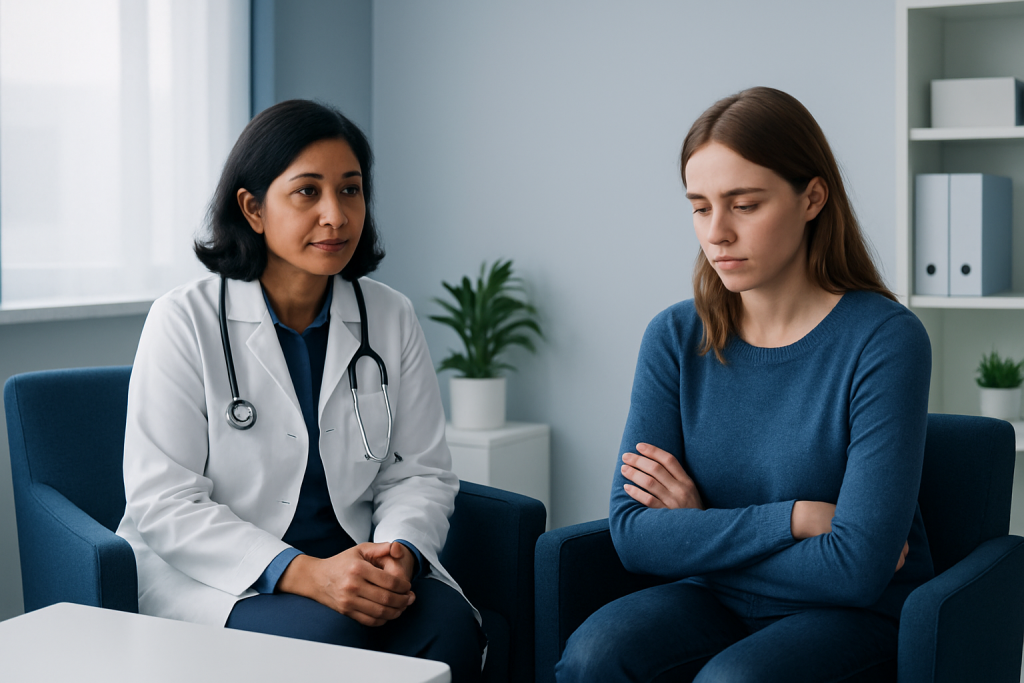 Doctor talking to a young woman in a consultation room at Acibadem Hospitals.