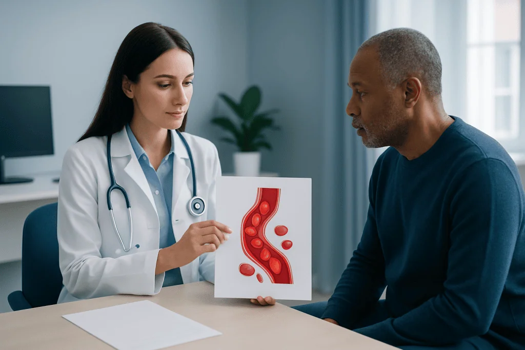 Doctor explaining blood vessel diagram to patient in a medical consultation.