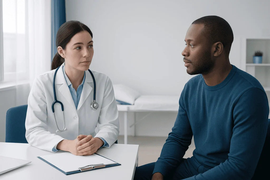 Doctor consulting male patient in a medical office setting.
