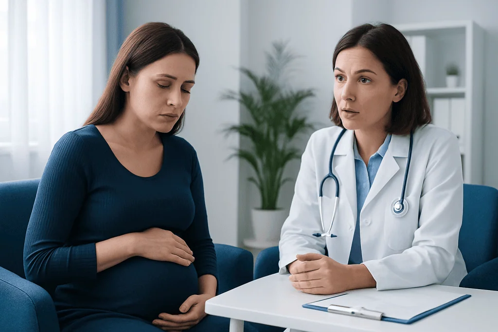 Pregnant woman consulting with a doctor about prenatal health concerns.