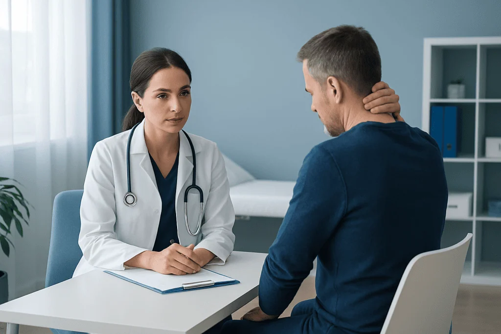 Doctor consulting patient in a medical office setting.