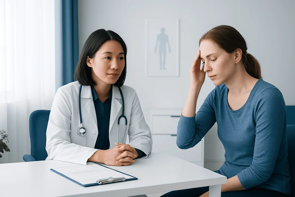 Doctor consulting with a patient experiencing dizziness or headache.