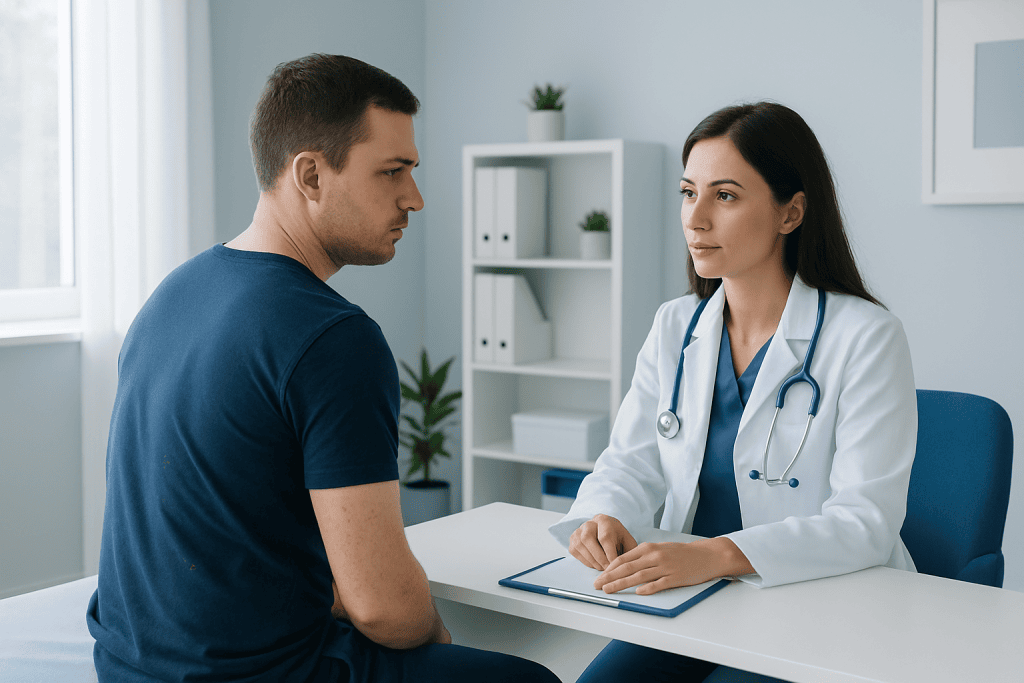 Doctor consulting with a patient in a modern medical office.