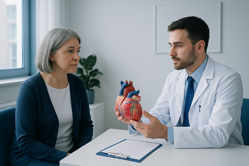 Doctor explaining heart anatomy to a patient in a consultation room.