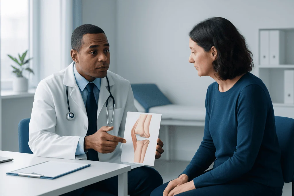 Doctor explaining knee anatomy to patient in consultation room.