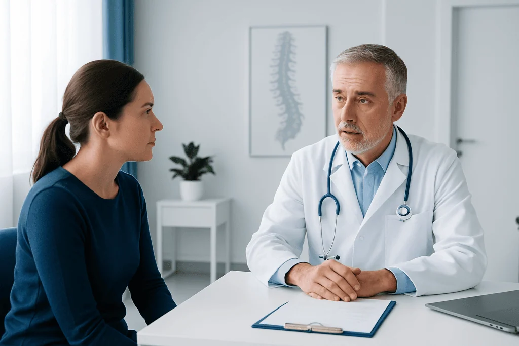 Doctor consulting with patient about spine health and X-ray image.