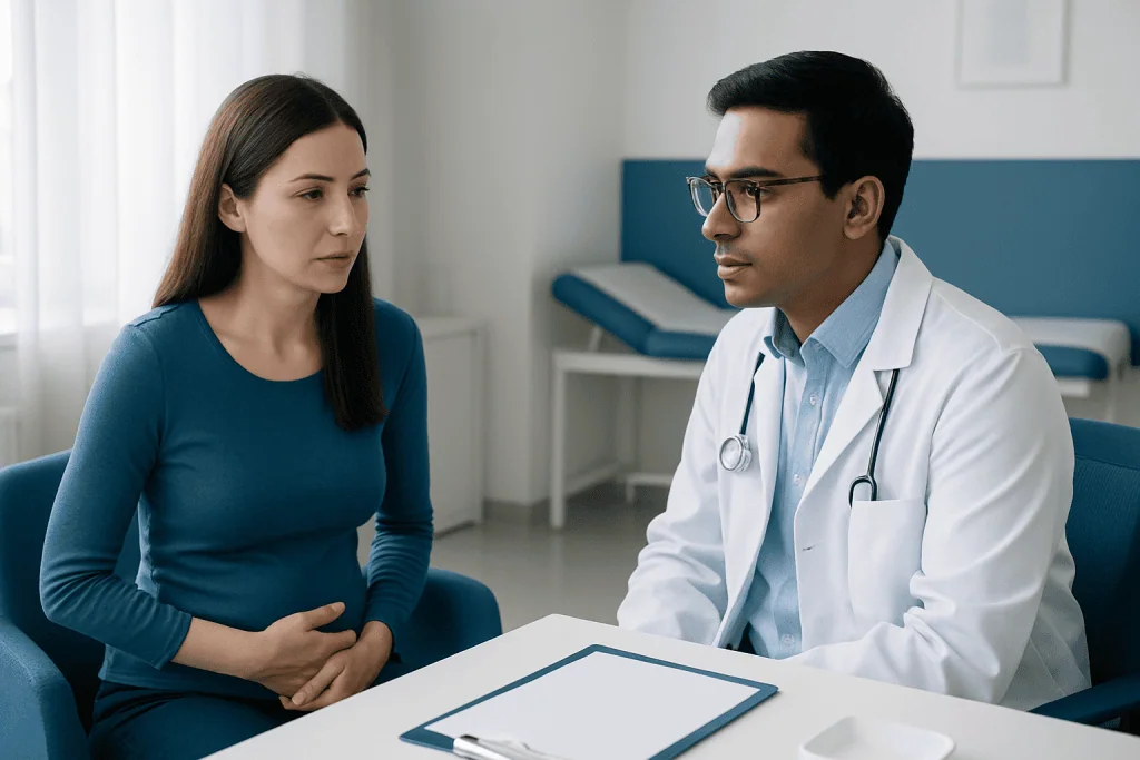 Doctor consulting with female patient in a medical office setting.
