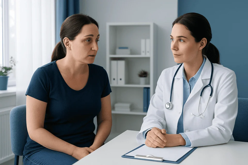 Doctor consulting with patient about skin condition in clinic.