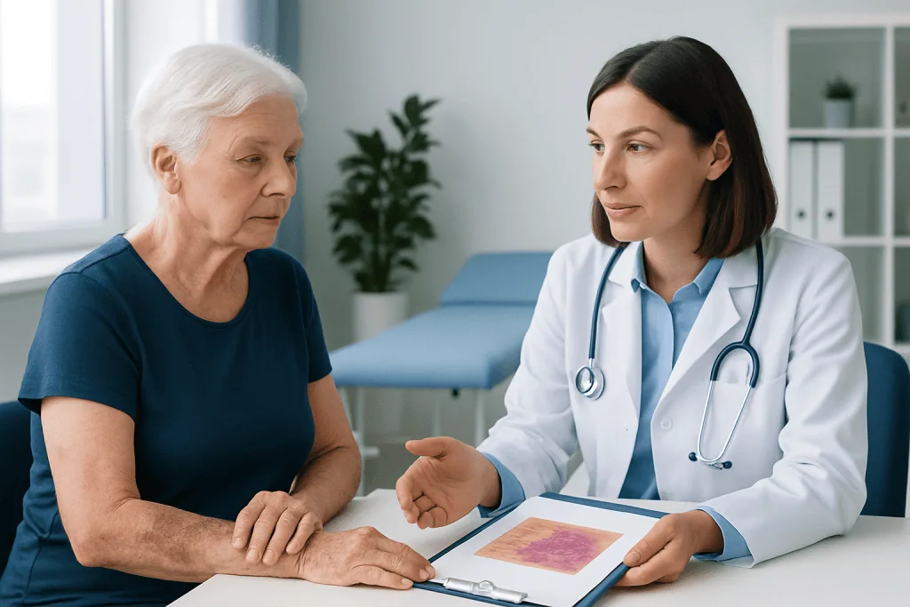 Doctor explaining skin condition to elderly patient in clinic.