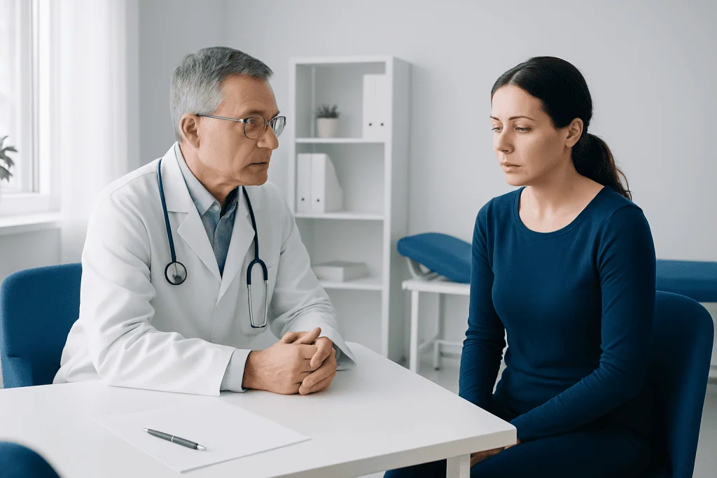 Doctor consulting with a female patient in a medical office.