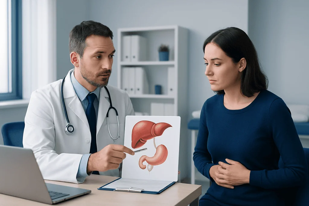 Doctor explaining liver and stomach diagram to patient in clinic.