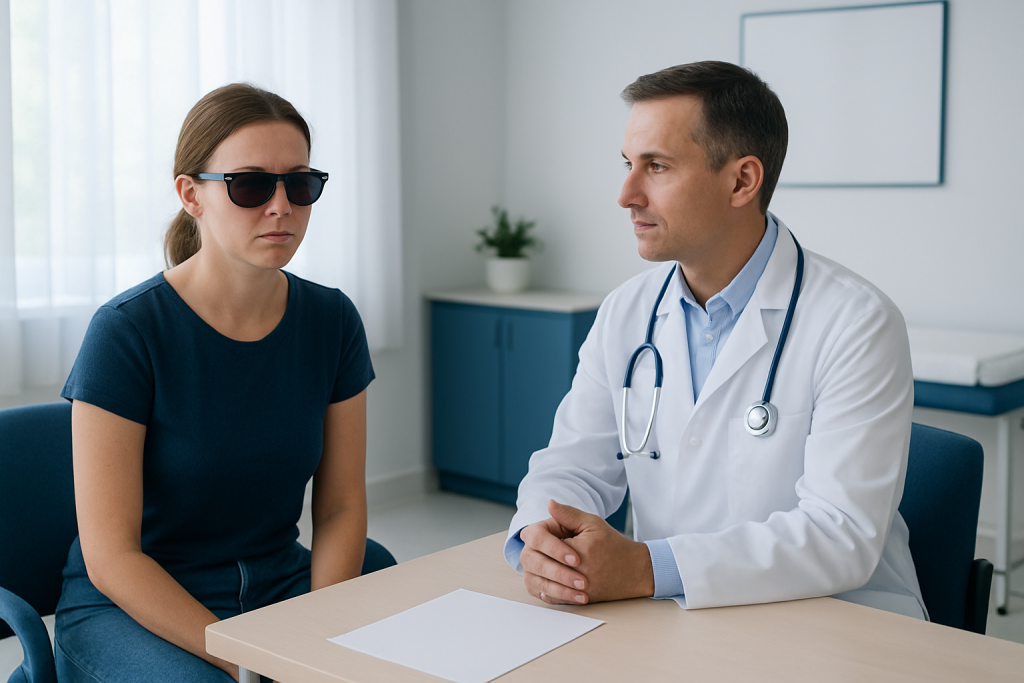 Doctor consulting patient with sunglasses in a medical office.