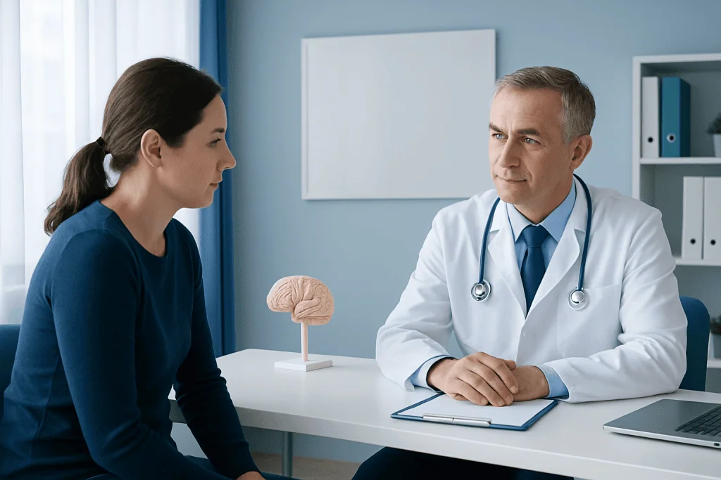 Doctor consulting with a patient in a medical office with brain model on desk.