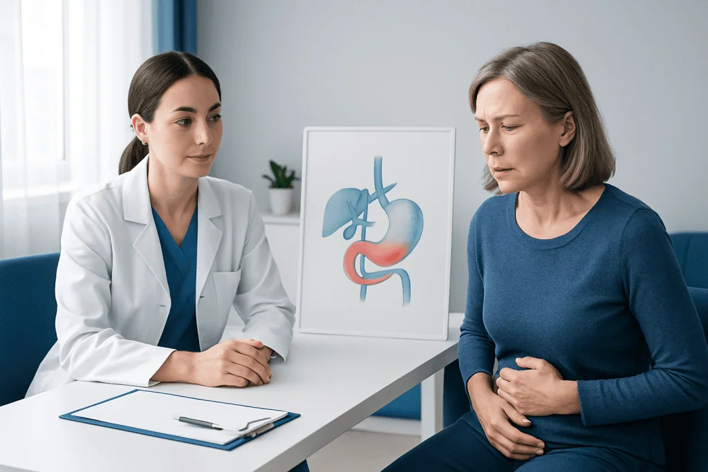 Doctor consulting with patient about digestive health and reflux symptoms.