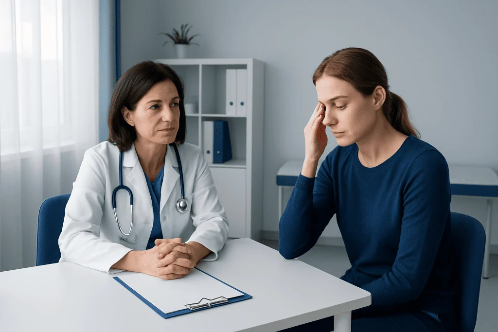 Doctor consulting with a patient about eye health in a clinical setting.