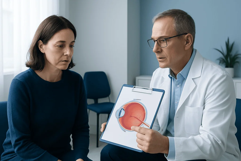 Ophthalmologist explains retina detachment to patient with eye diagram.