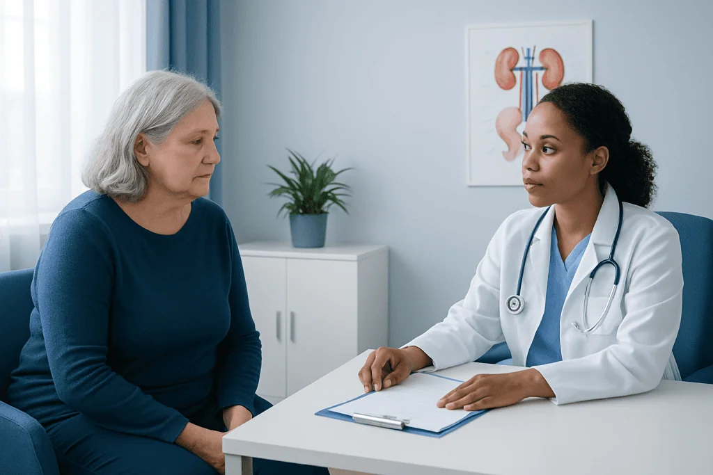 Doctor consulting with an elderly patient in a medical office.