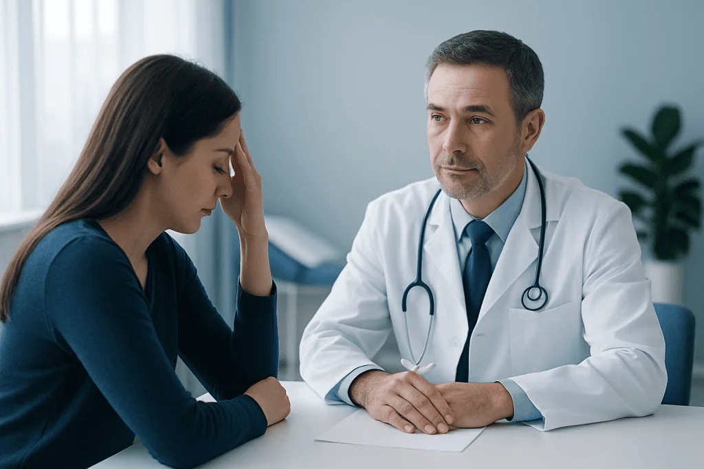 Doctor consulting with a worried female patient in a medical office.