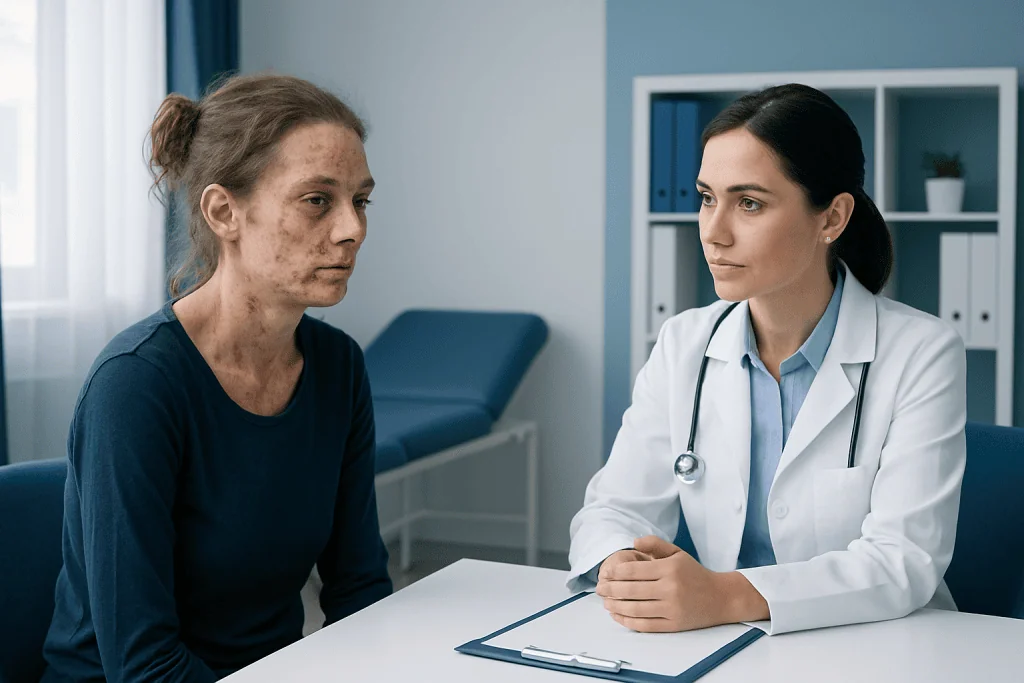 Doctor consulting with a patient about skin issues in a medical office.