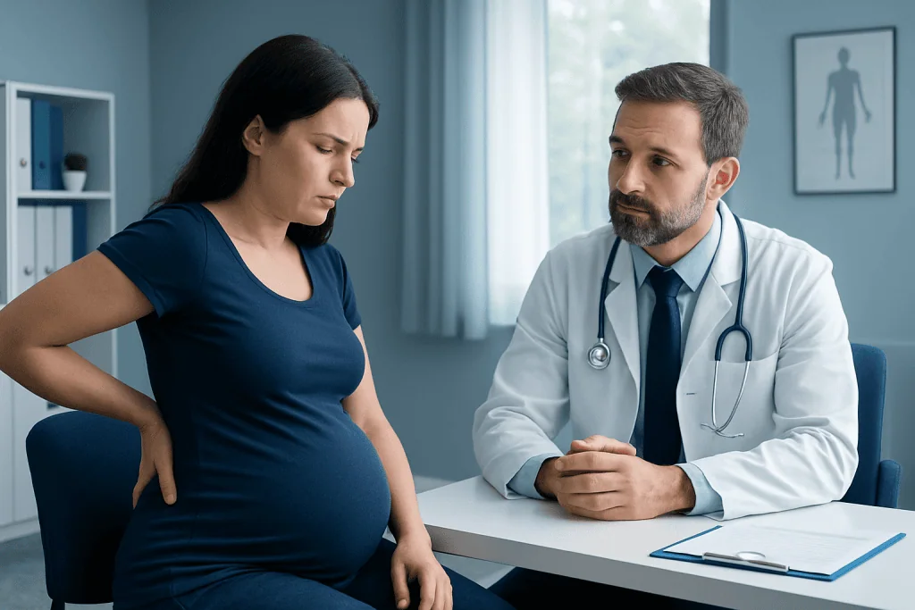 Pregnant woman consulting with a doctor about back pain during pregnancy.
