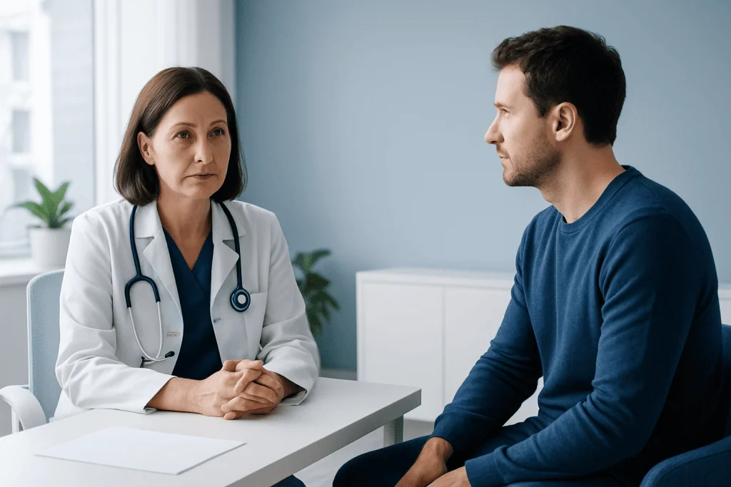 Doctor consulting with a male patient in a medical office.