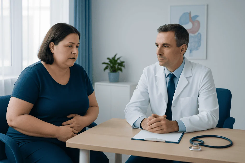 Doctor consulting with a patient about reflux after bariatric surgery.