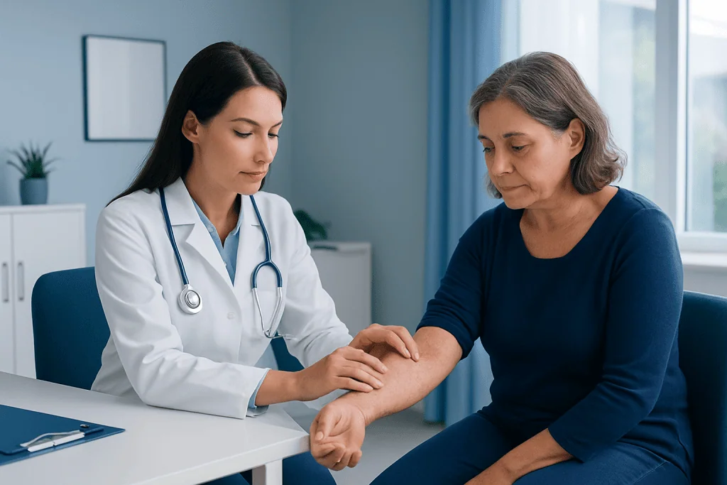 Doctor examining a patient's arm in a clinical setting.
