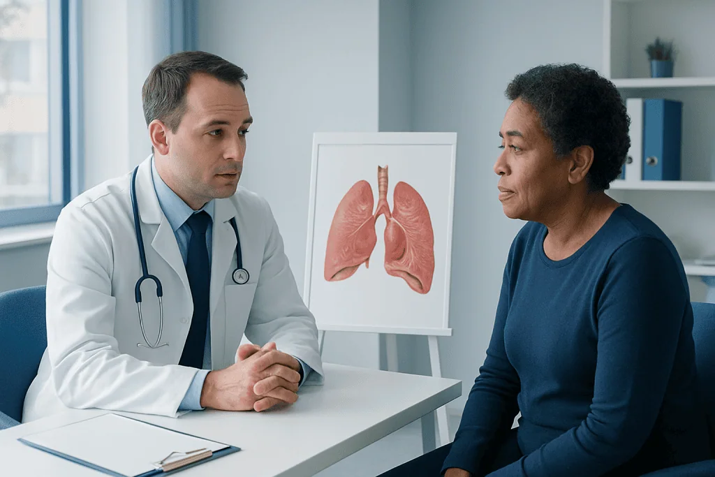 Doctor consulting with patient about lung health and anatomy.