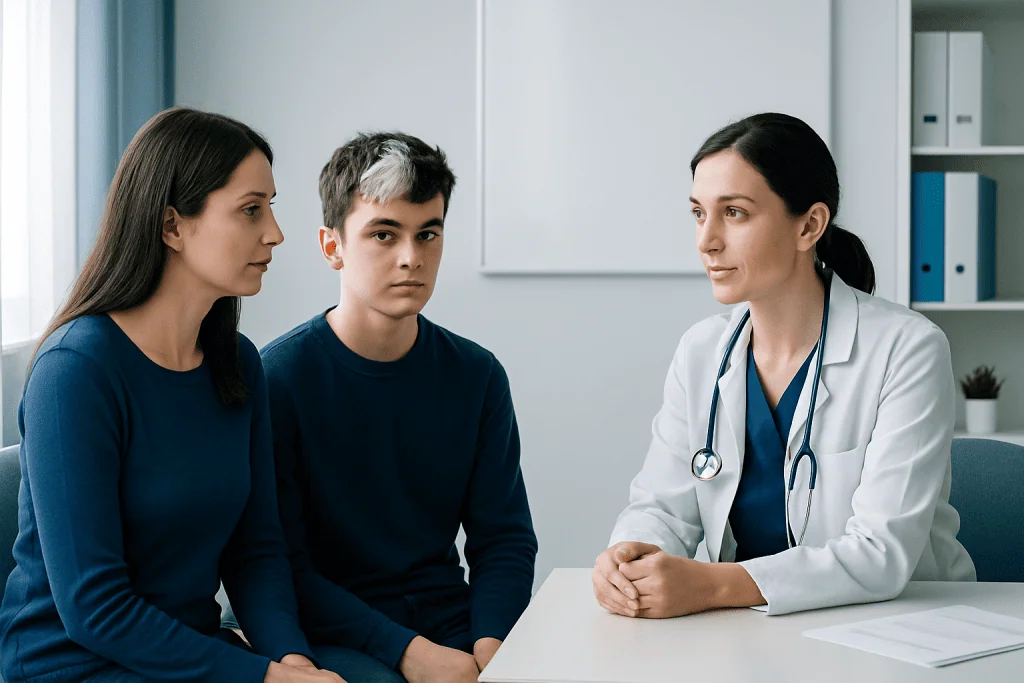 Doctor consulting with a family in a medical office setting.