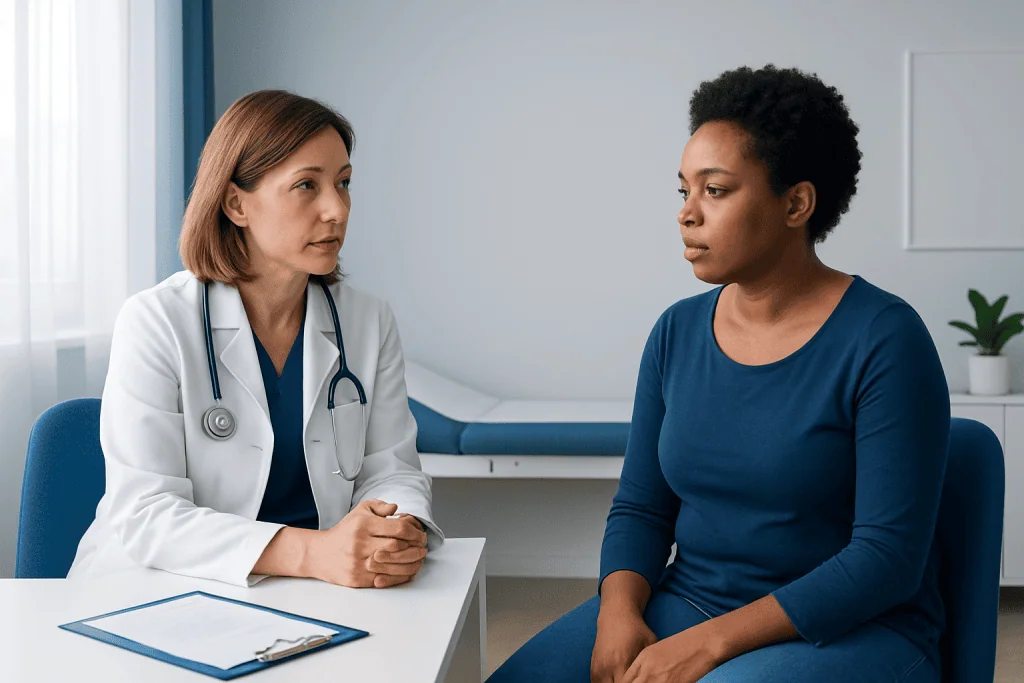 Doctor consulting with a patient in a medical office setting.