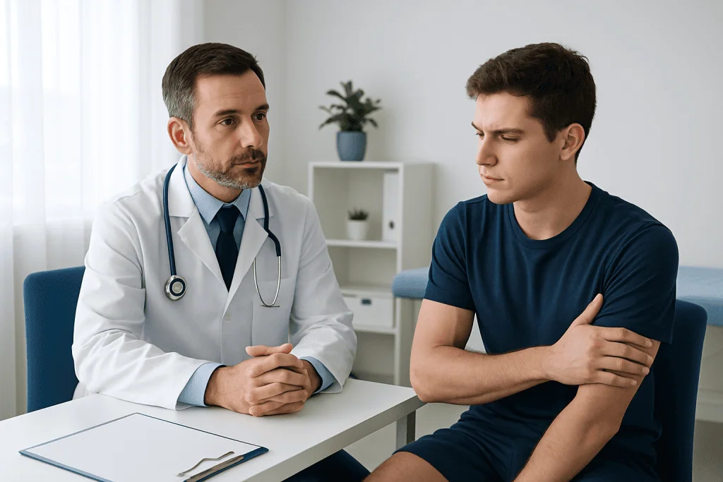 Doctor consulting with a young male patient in a medical office.