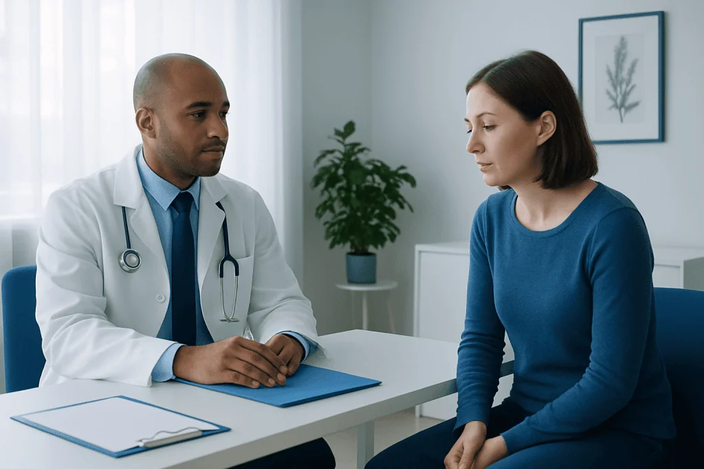 Doctor consulting with a patient about allergy symptoms in a medical office.