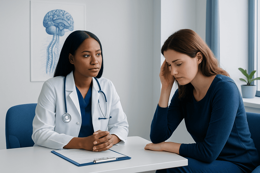 Doctor consulting with a patient about nervous system issues at a clinic.