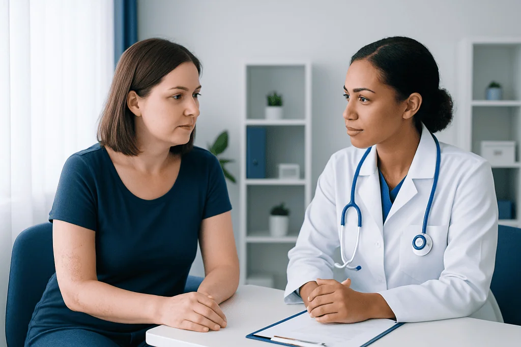 Doctor consulting with a patient in a medical office setting.