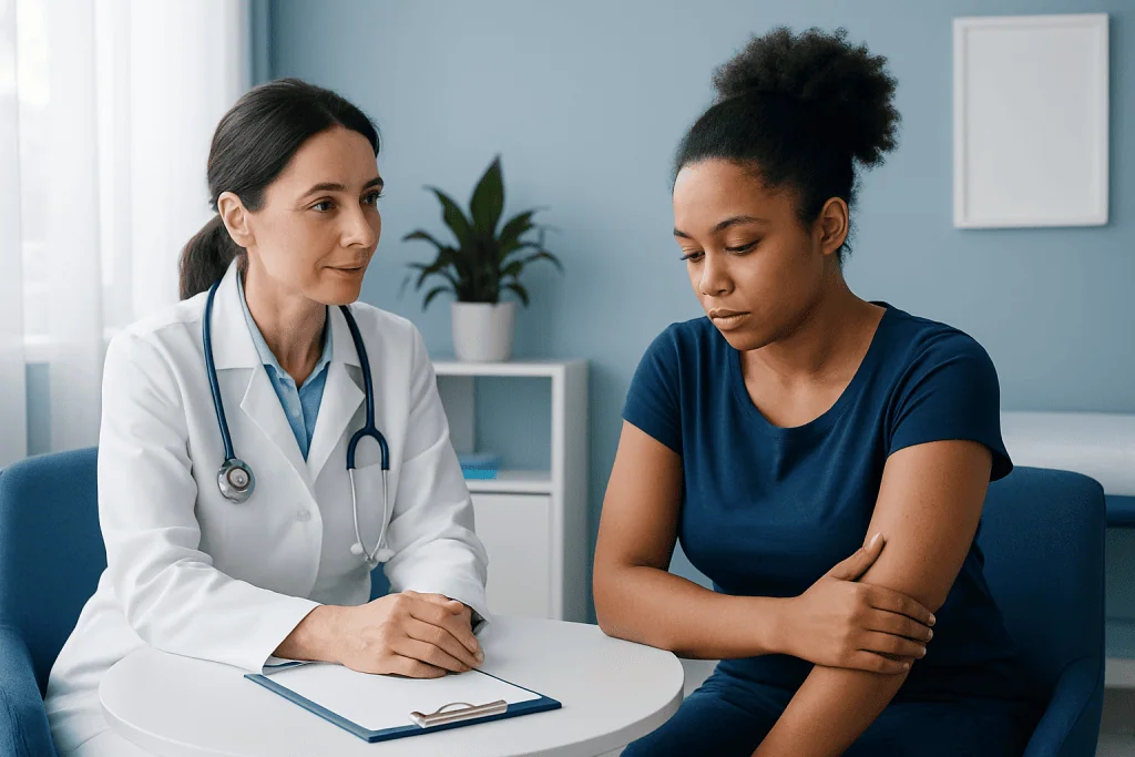 Doctor consulting a patient about hidradenitis suppurativa treatment options.