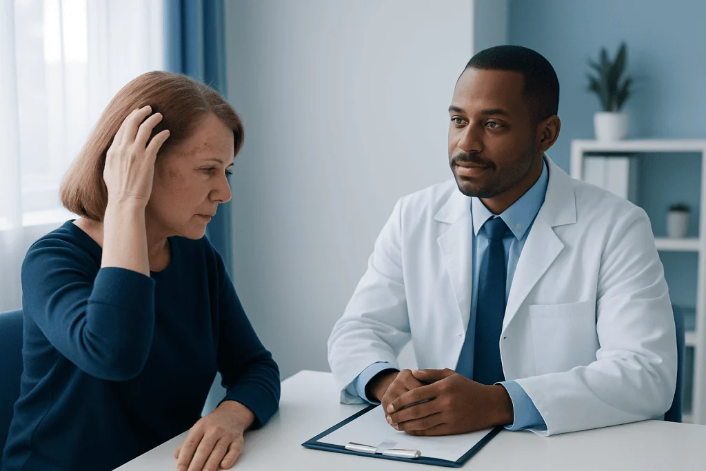 Doctor consulting with a patient about scalp shingles symptoms.