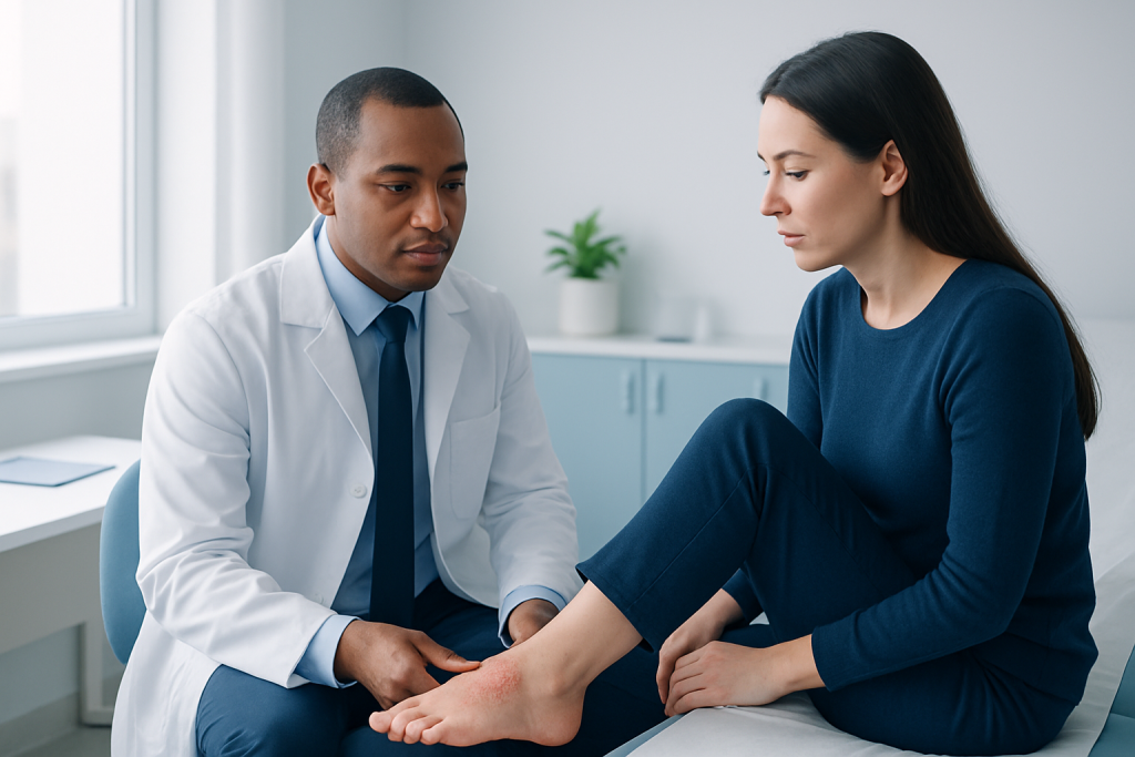 Doctor examining patient's foot in a clinical setting.