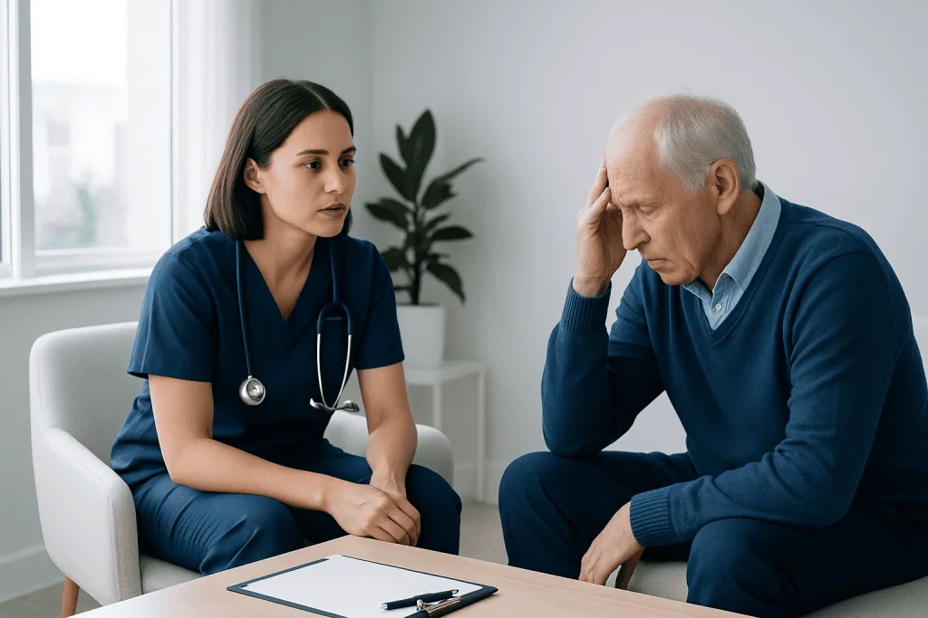 Compassionate nurse listening to worried elderly patient in a medical consultation.