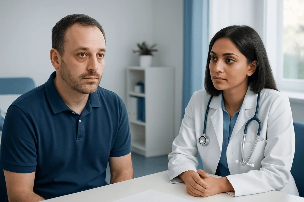 Doctor consulting with a male patient in a medical office.