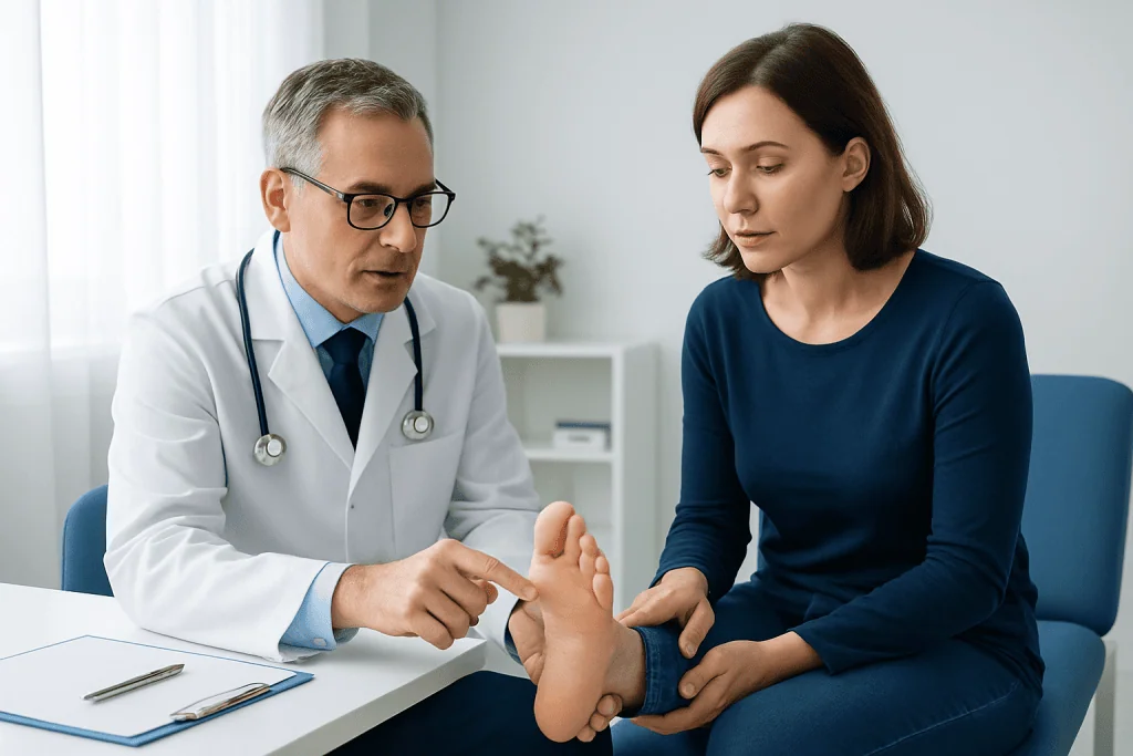 Doctor examining patient's foot for heel pain or injury.